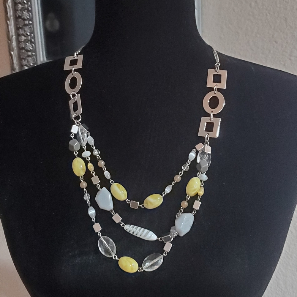 Lia Sophia Lemoncello Yellow, Silver, Gray Beads, 3 Strand Necklace